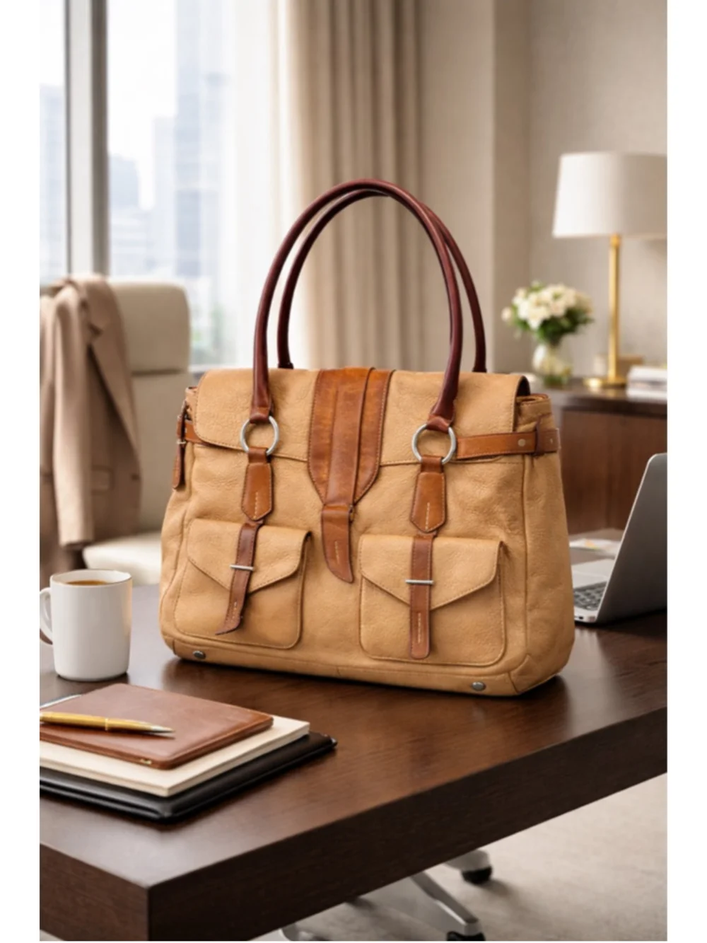 Tumi Tan & Cognac Leather Satchel Tote Double Pocket Ring Handle Bag